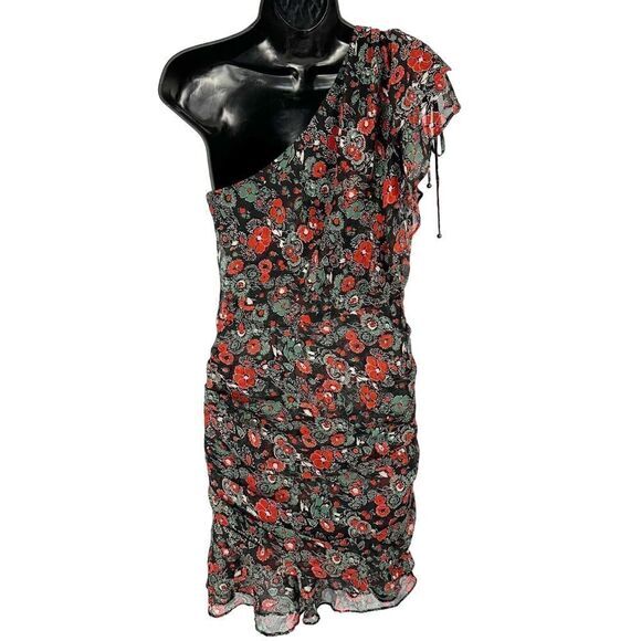 Veronica Beard Ballard Silk One Shoulder Floral Ruffle Dress Black Red Size 2 - Picture 2 of 10